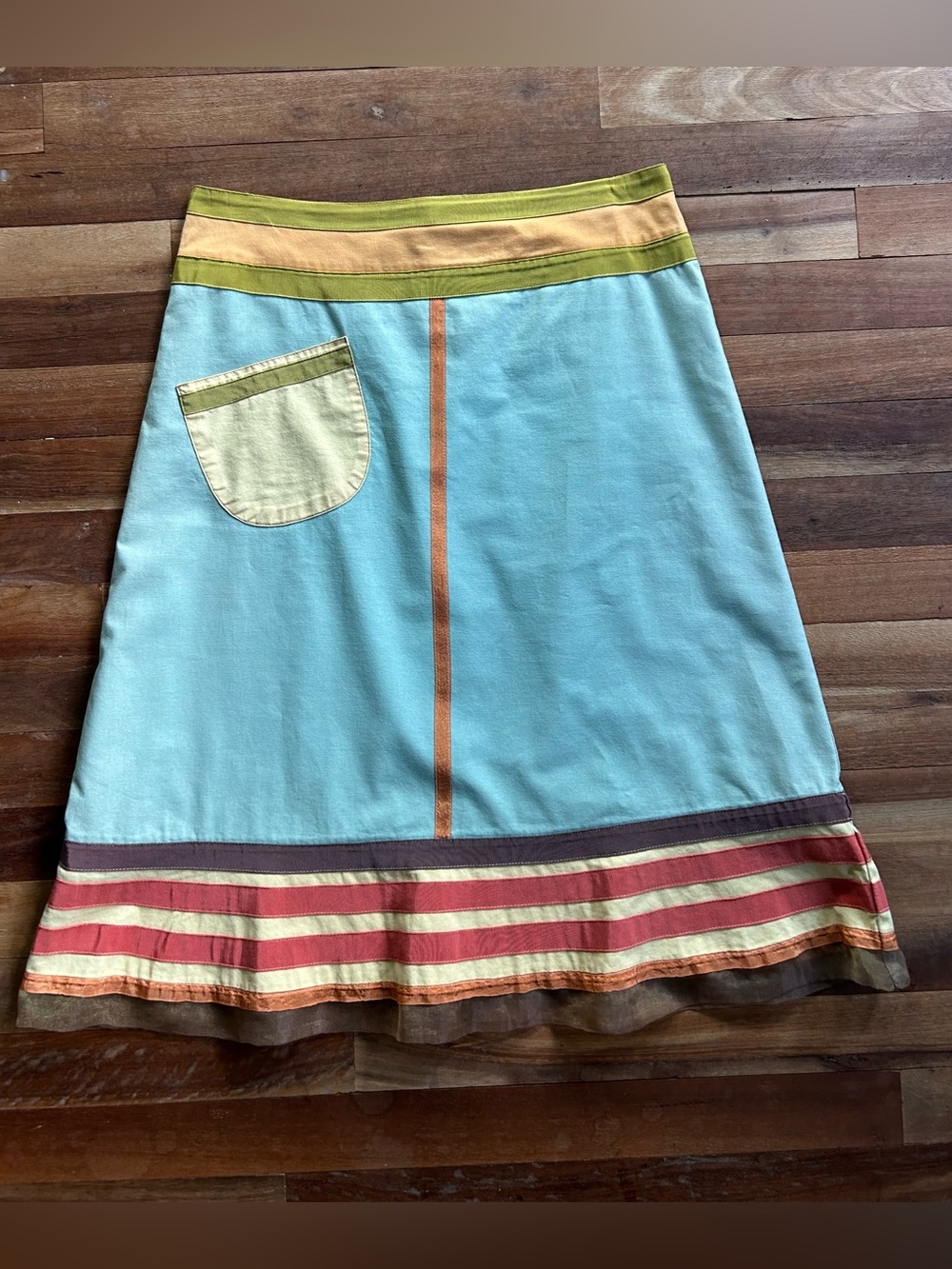 Neesh Light Blue A-Line Cotton Skirt with Multicolor grosgrain trim and ribbon